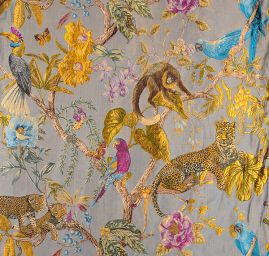 Žakárová látka gepard,opice, papoušek šedá