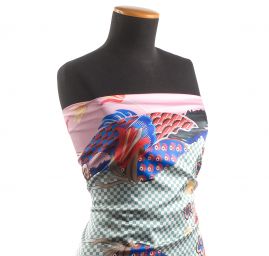 Imitace hedvábí pružný atlas Retro Birds růžová