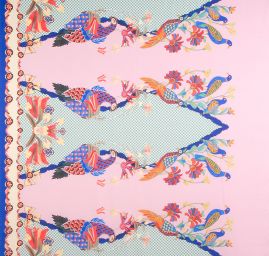 Imitace hedvábí pružný atlas Retro Birds růžová