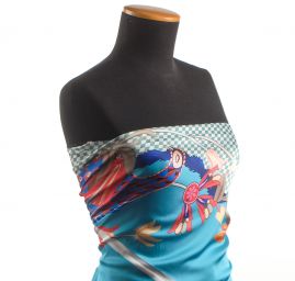 Imitace hedvábí pružný atlas Retro Birds tyrkys