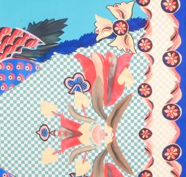 Imitace hedvábí pružný atlas Retro Birds tyrkys