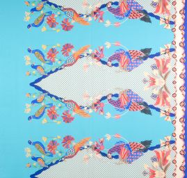 Imitace hedvábí pružný atlas Retro Birds tyrkys