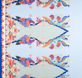 Imitace hedvábí pružný atlas Retro Birds modrá