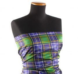 Viskozová šatová látka vzor káro fialová/zelená