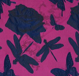 Taft žakár motýlci vážky fialovo/modrý