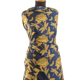 Taft žakár motýlci vážky žlutý/modrý