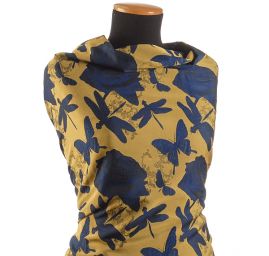 Taft žakár motýlci vážky žlutý/modrý