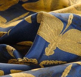 Taft žakár motýlci vážky žlutý/modrý