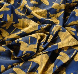 Taft žakár motýlci vážky žlutý/modrý