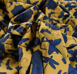 Taft žakár motýlci vážky žlutý/modrý