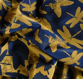 Taft žakár motýlci vážky žlutý/modrý