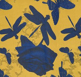 Taft žakár motýlci vážky žlutý/modrý