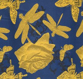 Taft žakár motýlci vážky žlutý/modrý