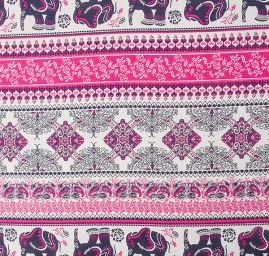 Viskozová šatová látka orient sloni vínovofialová