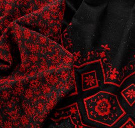 Tweedová látka s krajkovou bordurou černá/červená