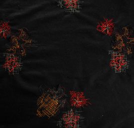 Vlněná látka s aplikací výšivky květů červená/černá