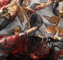 Krajka flitrová výšivka na černém tylu červenozlatá