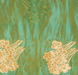 Taft hladký květinový zlatý vzor šanžán tyrkys/okrová