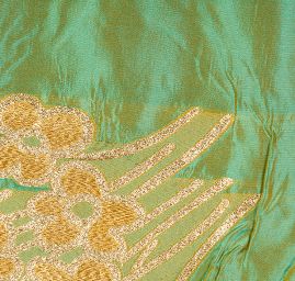 Taft hladký květinový zlatý vzor šanžán tyrkys/okrová