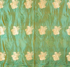 Taft hladký květinový zlatý vzor šanžán tyrkys/okrová