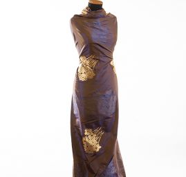 Taft hladký květinový zlatý vzor šanžán fialovo/okrový