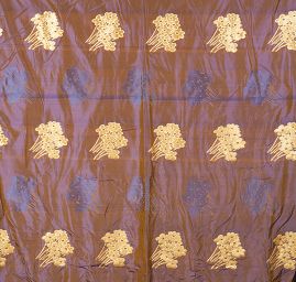Taft hladký květinový zlatý vzor šanžán fialovo/okrový
