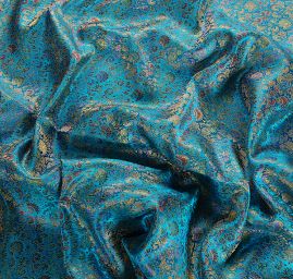 Látka brokát zlatý orientální motiv na tyrkysovém podkladu