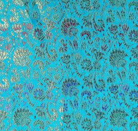 Látka brokát zlatý orientální motiv na tyrkysovém podkladu