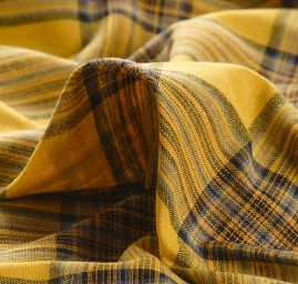 Len pružný jemný vzor tartan okrový