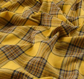 Len pružný jemný vzor tartan okrový