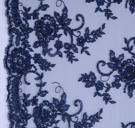 Efektní krajka výšivka na tylu s korálky/flitry tm.modrá