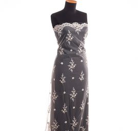 Krajka výšivka na tylu korálky, flitry, štras slonová kost