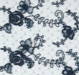 Krajka výšivka na vzorovém tylu tm.modrá