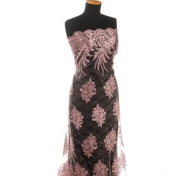 Krajka efektní výšivka na tylu starorůžová