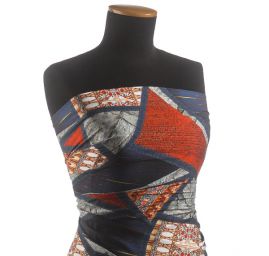 Viskozová šatová látka tisk patchwork modročervená