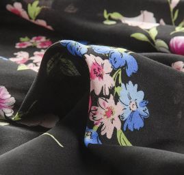 Viskozová šatová látka tisk květin černá