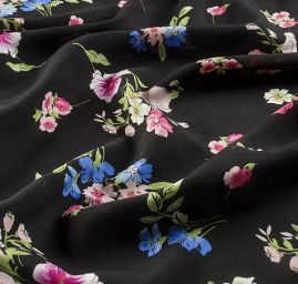 Viskozová šatová látka tisk květin černá