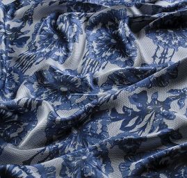 Imitace hedvábí krajkový květinový vzor modrý