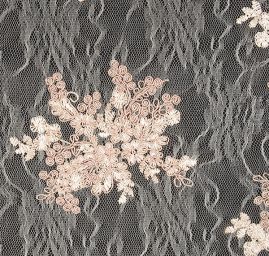 Krajka na vzorovém tylu květy béžovopudrová