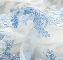 Krajka na hladkém tylu světle modrá II.jakost