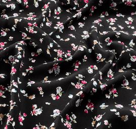 Viskozová šatová látka romantické květy černá