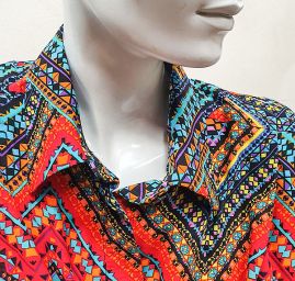 Viskozová šatová látka etno vzor tyrkysovočervená