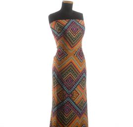 Viskozová šatová látka etno vzor fialovorůžová