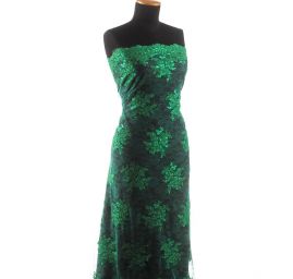 Krajka na vzorovém tylu květy sytě zelená