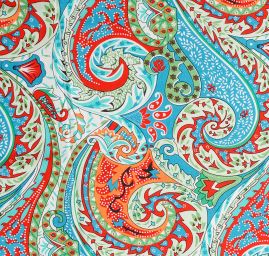 Viskozová šatová látka tisk paisley vzor zelenočervený