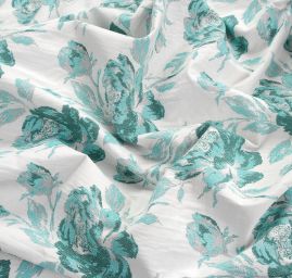 Žakárová látka květinový vzor tyrkysovobílá
