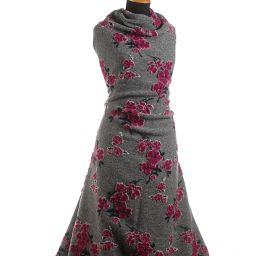 Art textil vařená vlna vzor květů višně šedá