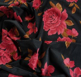 Manšestr pružný jemný tisk růže černý