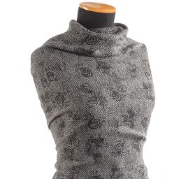 Vlněná látka tvíd vzor růží černošedá