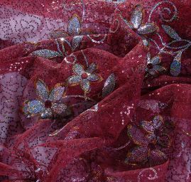 Efektní krajka vyšívka flitrů na tylu vínová